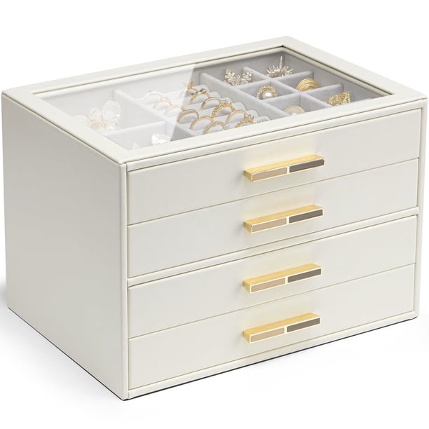 Jewelry Box Vlando organizador con tapa de cristal de 4 capas, color blanco nube