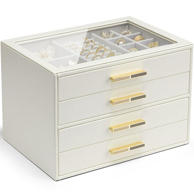 Jewelry Box Vlando organizador con tapa de cristal de 4 capas, color blanco nube