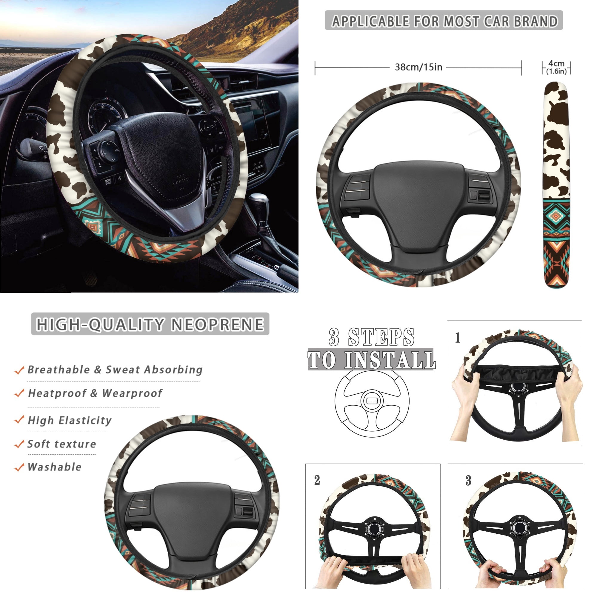 Yuyamidu 14 PCS Aztec Car Seat Cover Set with Steering Wheel Cover Seat Belt Covers Waste Bin Center Console Pad Brown Cow Print Rear View Mirror Cover Handbrake Cover Set Coasters for Truck Sedan