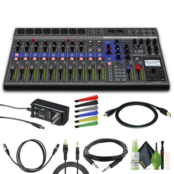 Zoom LiveTrak L-12 Digital Mixer & Multitrack Recorder, for Music, Podcasting, 12-Input/ 14-Channel SD Recorder, 14-in/4-out USB Audio Interface, 5 Powered Headphone Outputs Bundle with Accessories