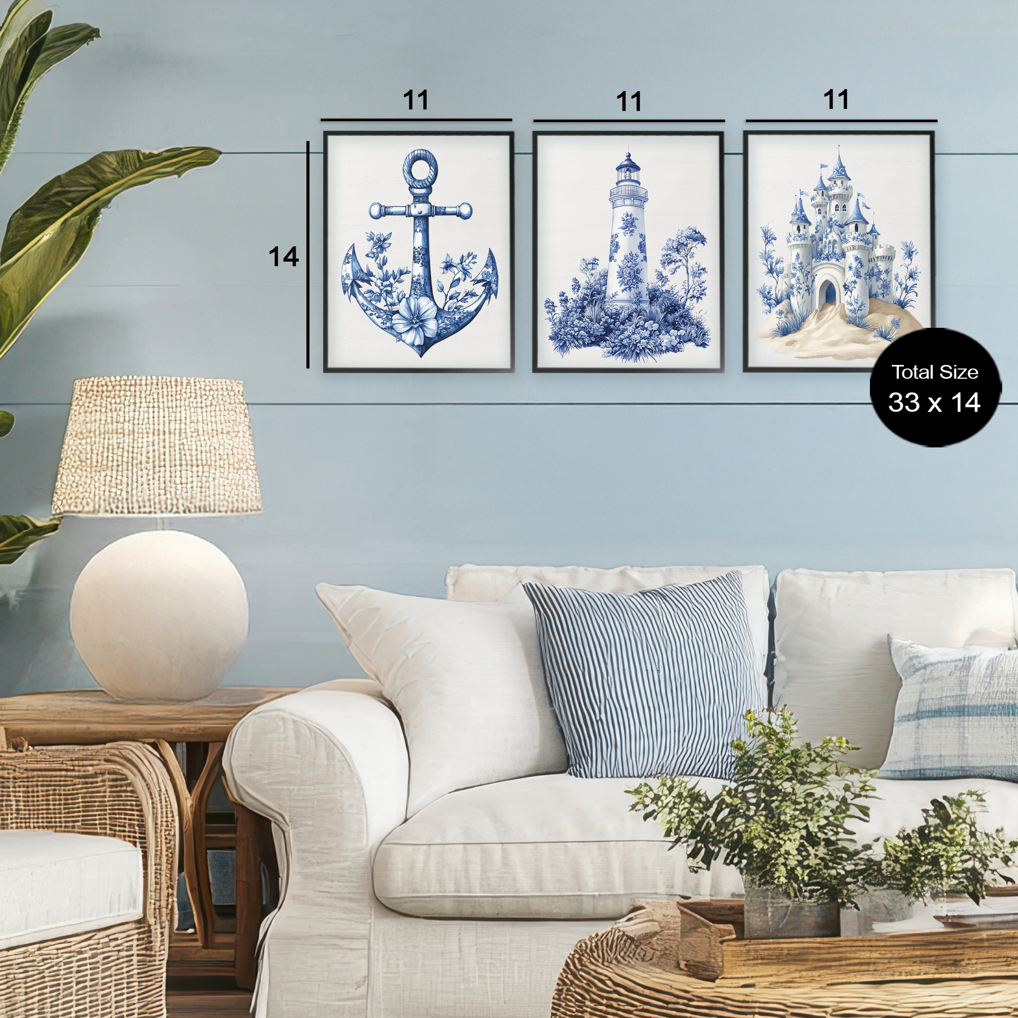 Ornate Nautical Toile Patterns 3 Piece Black Framed Giclee Art Set, design by Lettered and Lined