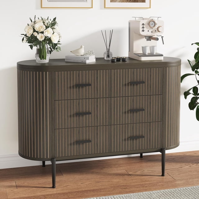Fluted 6 Drawer Dresser 47.2 In Mid Century Modern Chest with Faux Marble Top and Gold Handles for Bedroom Walnut