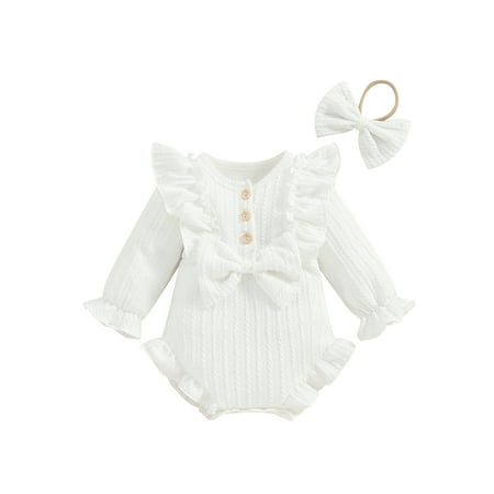 

Qtinghua Newborn Baby Girls Ruffle Romper Long Sleeve Button Up Jumpsuit with Headband Spring Clothes White 9-12 Months