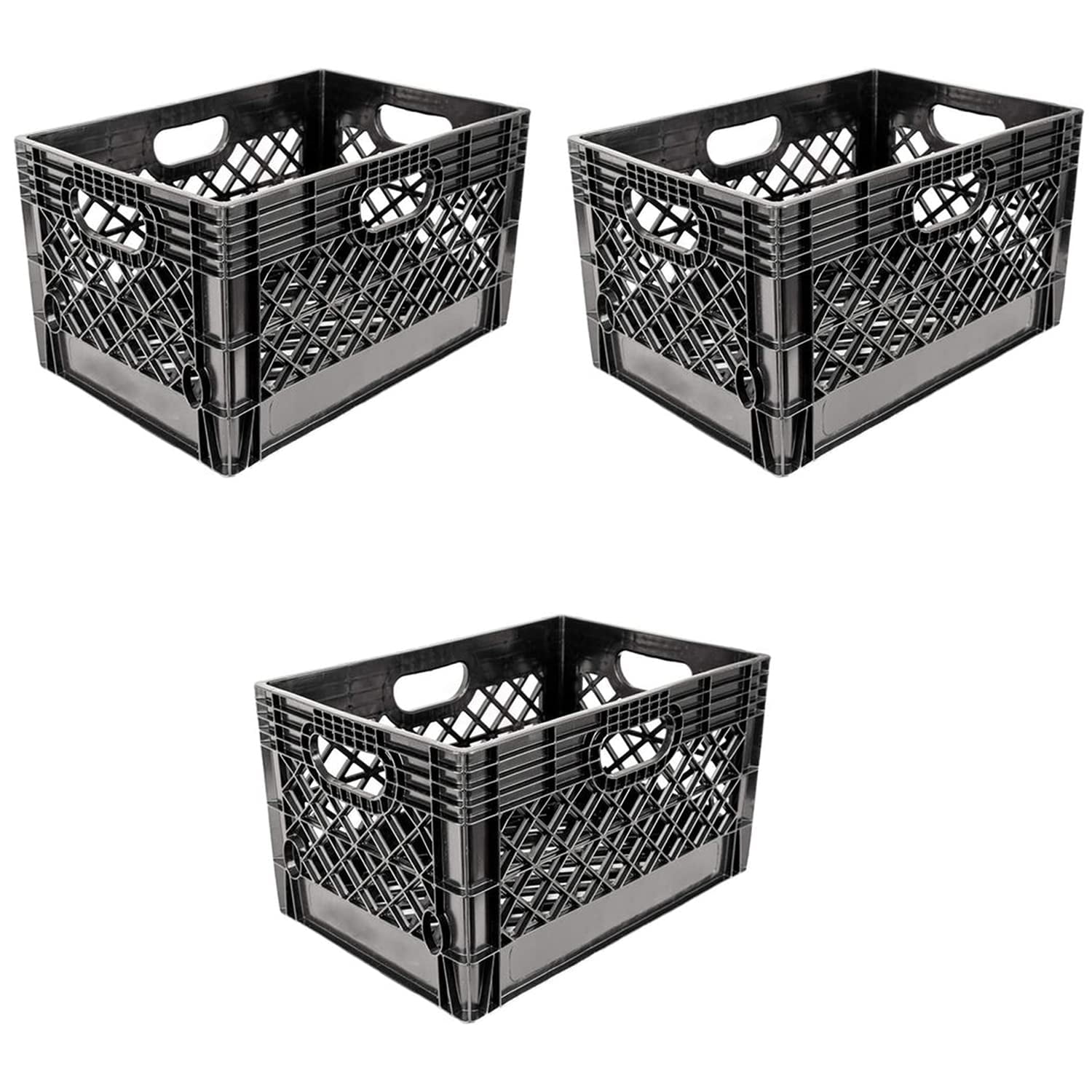 Storage 24 Quart 3 Pack Black Heavy Duty Rectangular Stackable Dairy Milk Crates, 11" Height, 19