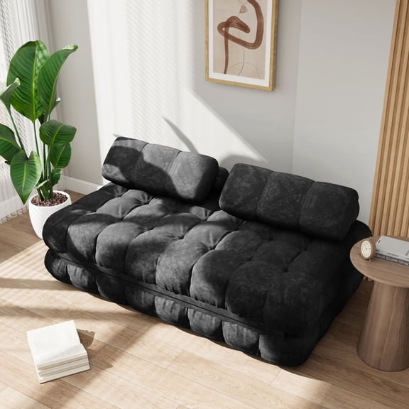 Erinnyees 3-in-1 Convertible Sofa Bed – 59.1" Folding Loveseat Sleeper with Pillows, Velvet Floor Mattress Couch, Portable Fold Out Lounge for Living Room Bedroom, Black