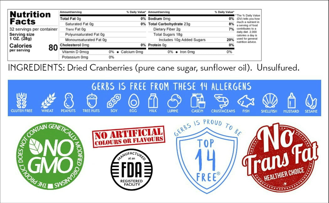 Dried Cape Cod Cranberries by Gerbs - 2 LBS - Sweetened - Unsulfured -Top 14 Food Allergen Free & NON GMO
