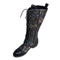 thumbnail image 2 of Bottes Décontractées Rétro pour Femmes, Mi-Mollet, à Lacets, Plates, à Fleurs Brodées, avec Fermeture Éclair, pour l'Hiver, 2 of 7