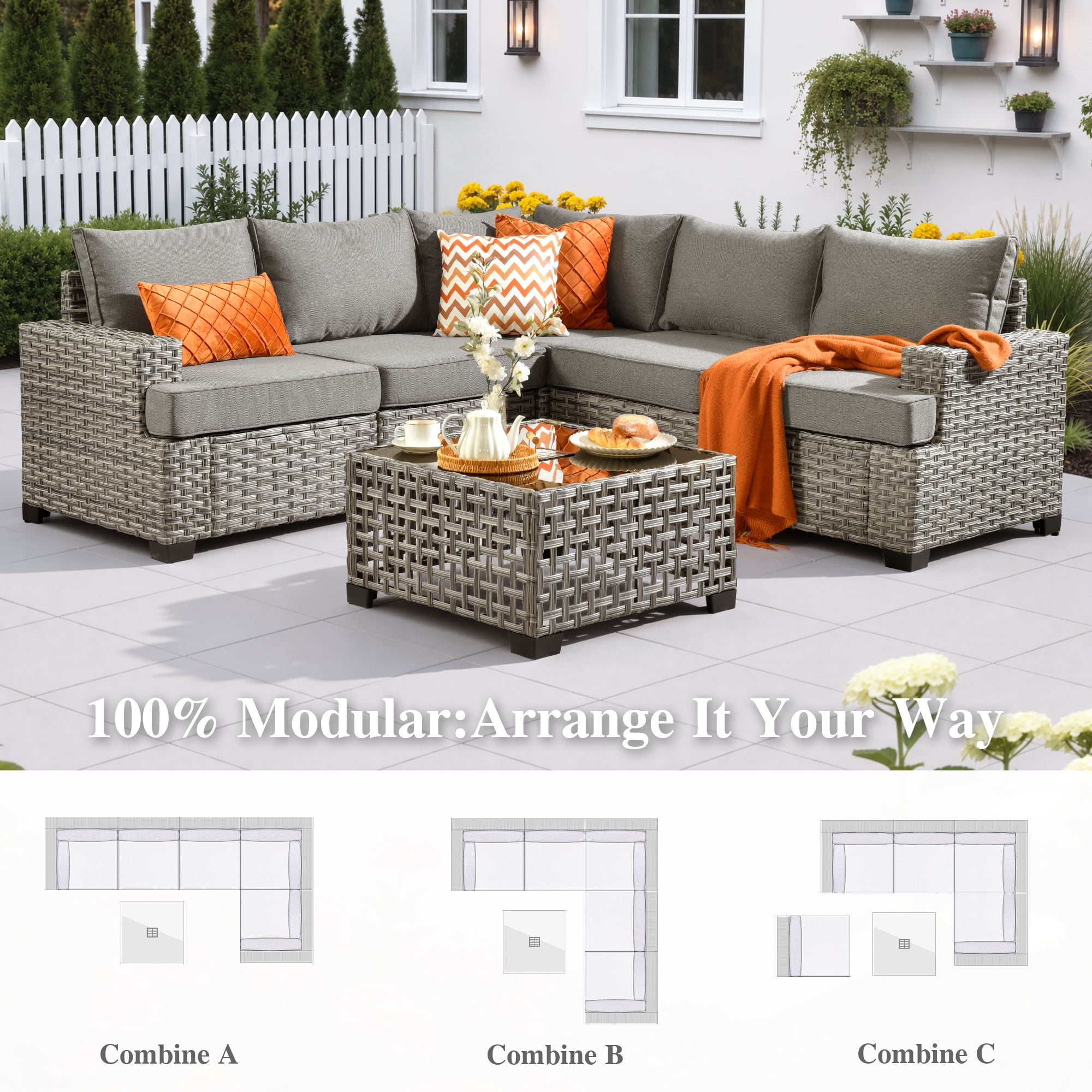 Ovios 6-Piece Outdoor Patio Furniture Set with Solar-Powered Lighted Coffee Table, All-Weather Wicker L-Shaped Sectional Sofa, Dark Gray