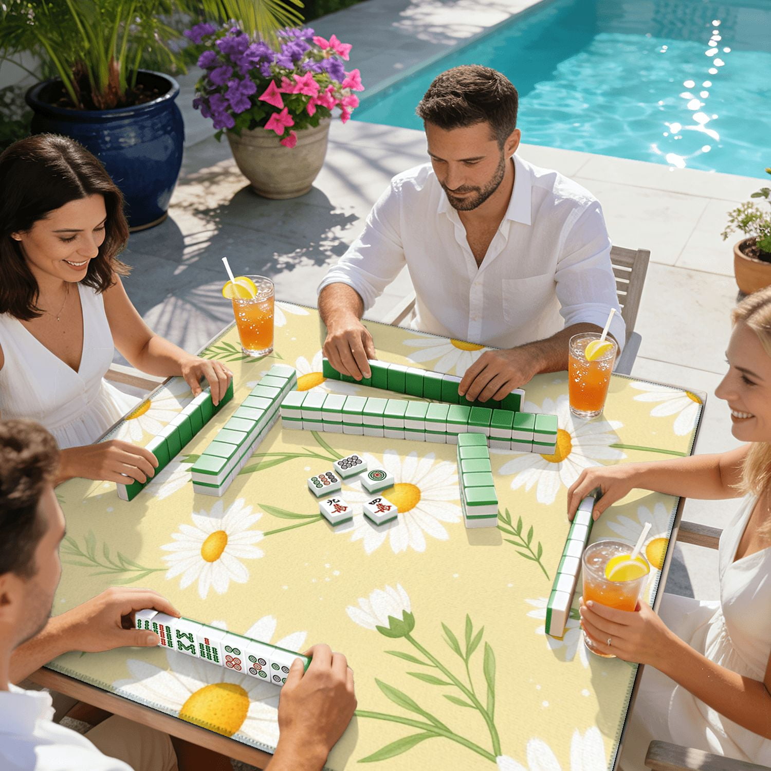 Mahjong Mat 31.5" x 31.5" Seamless Yellow White Daisies Green Leaves Non-Slip Noise Reduction American Mahjong Tiles Table Cover for Dominoes Poker Card Board Games Gift