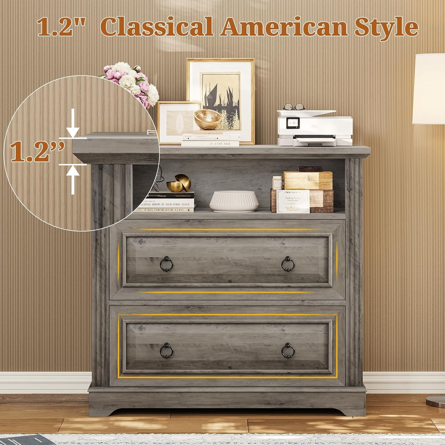 2 Drawer File Cabinet, Farmhouse Filing Cabinet for Home Office Fits Letter, Legal, A4 Size, Wood Lateral File Cabinet with Printer Stand, Storage Shelf, Grey