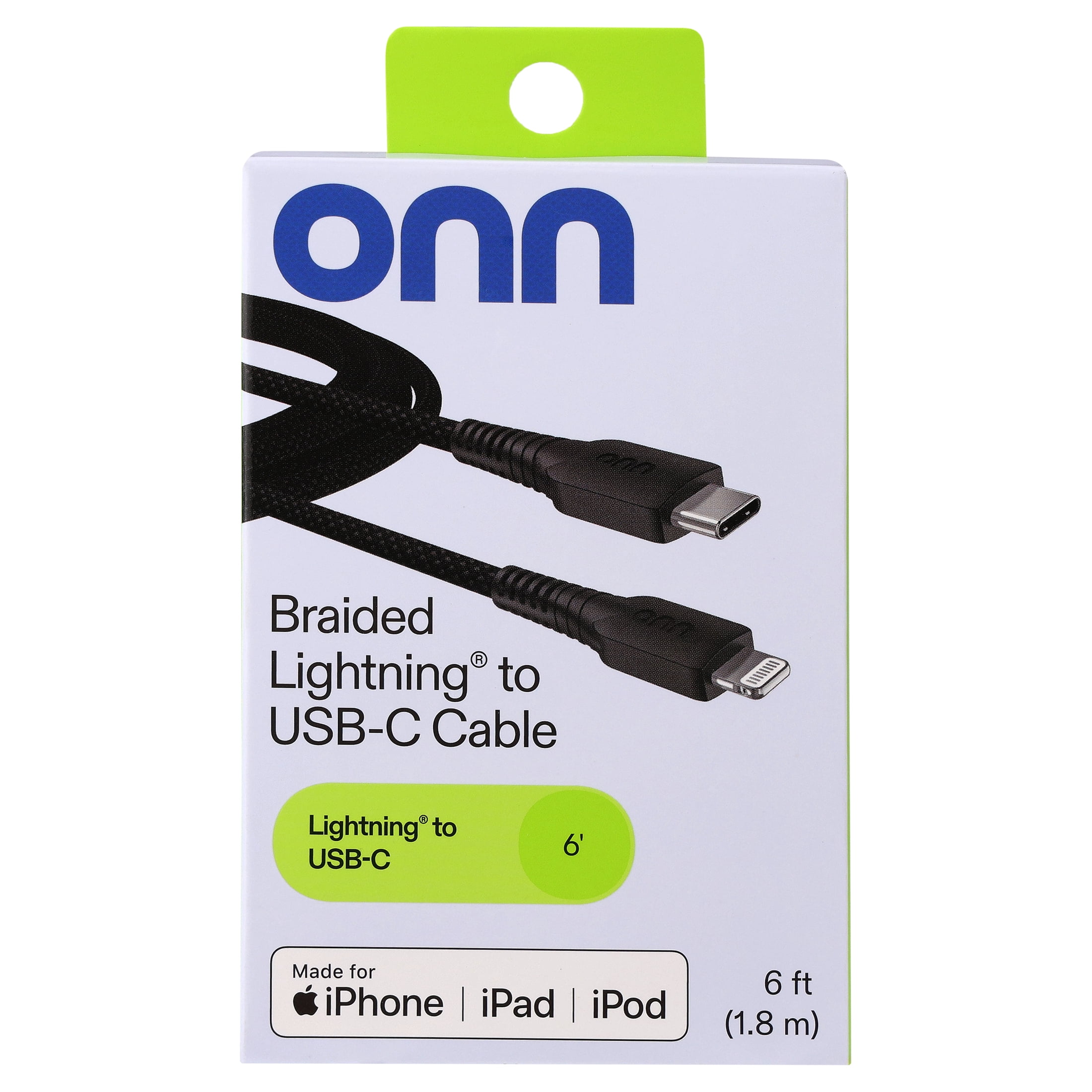 onn 6-Foot Braided Lightning to USB-C Cable, Black