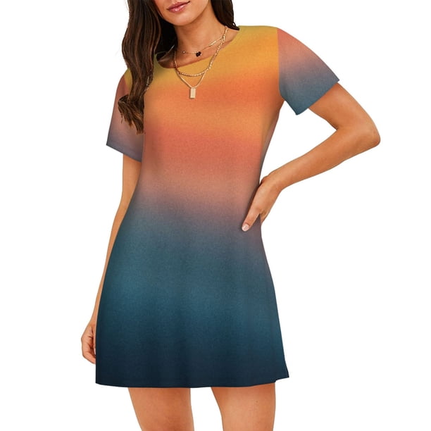 Fotbe yellow orange and teal Bata de Dormir para Mujer con Estampado, Camisón de Algodón de Manga Corta, Ropa de Dormir Casual