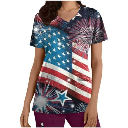 

Kayannuo Print Nursing Uniforms Scrub for Women Clearance Short Sleeves Women Scrubs Tops Women s Independence Day Printed V-neck Pocket Workwear T-shirt Top
