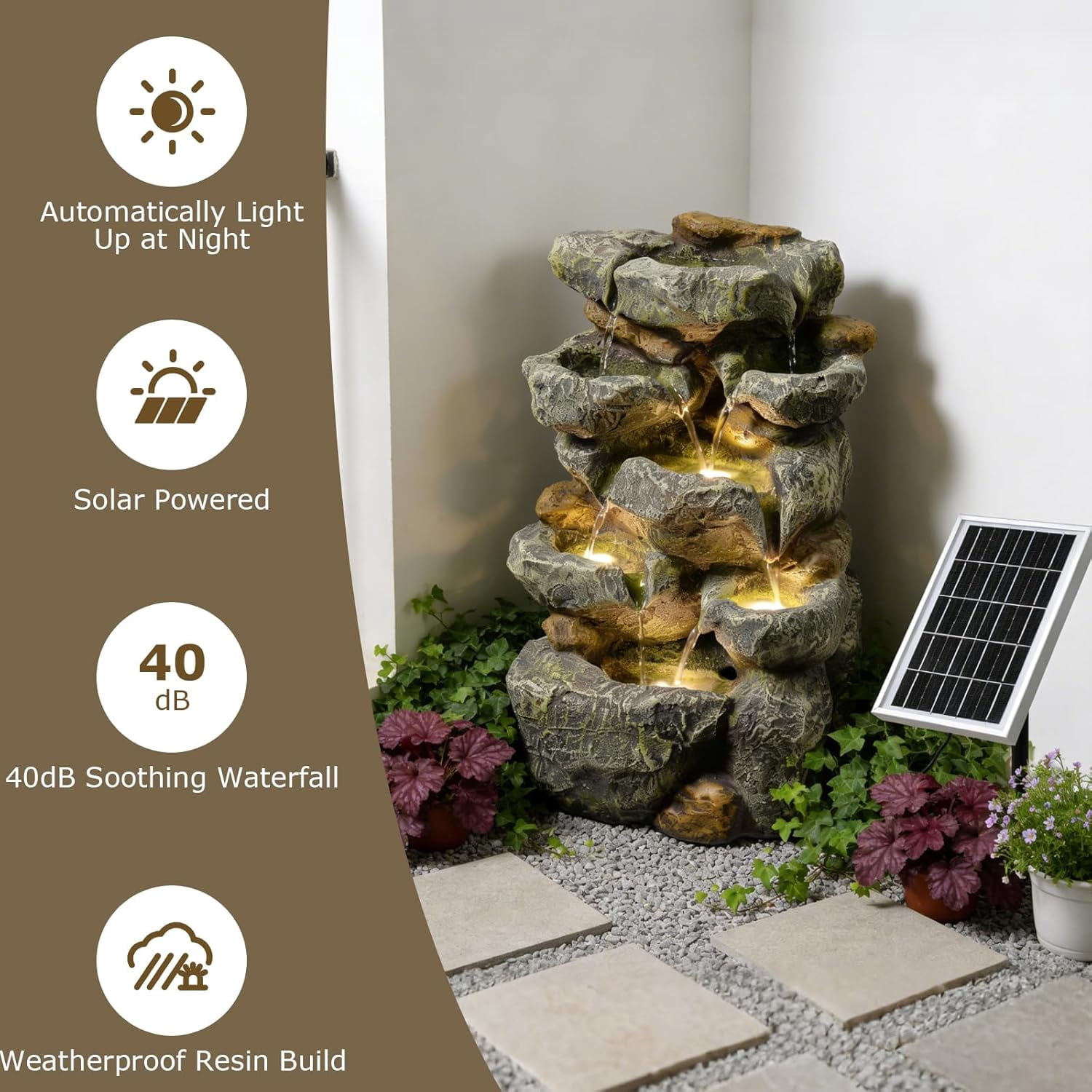 Solar Water Fountain Outdoor Garden,5 Tiered Cascading Rock Solar Powered Water Fountain Water Fall Fountains Outside with Lights for Backyard, Patio, Deck, Porch, 19.3" H x 12.2" L x 9.5" W