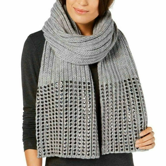 DKNY Women's Scarves Chunky Lurex Ribbed Knit Flat Studded Scarf Wrap Silver $58