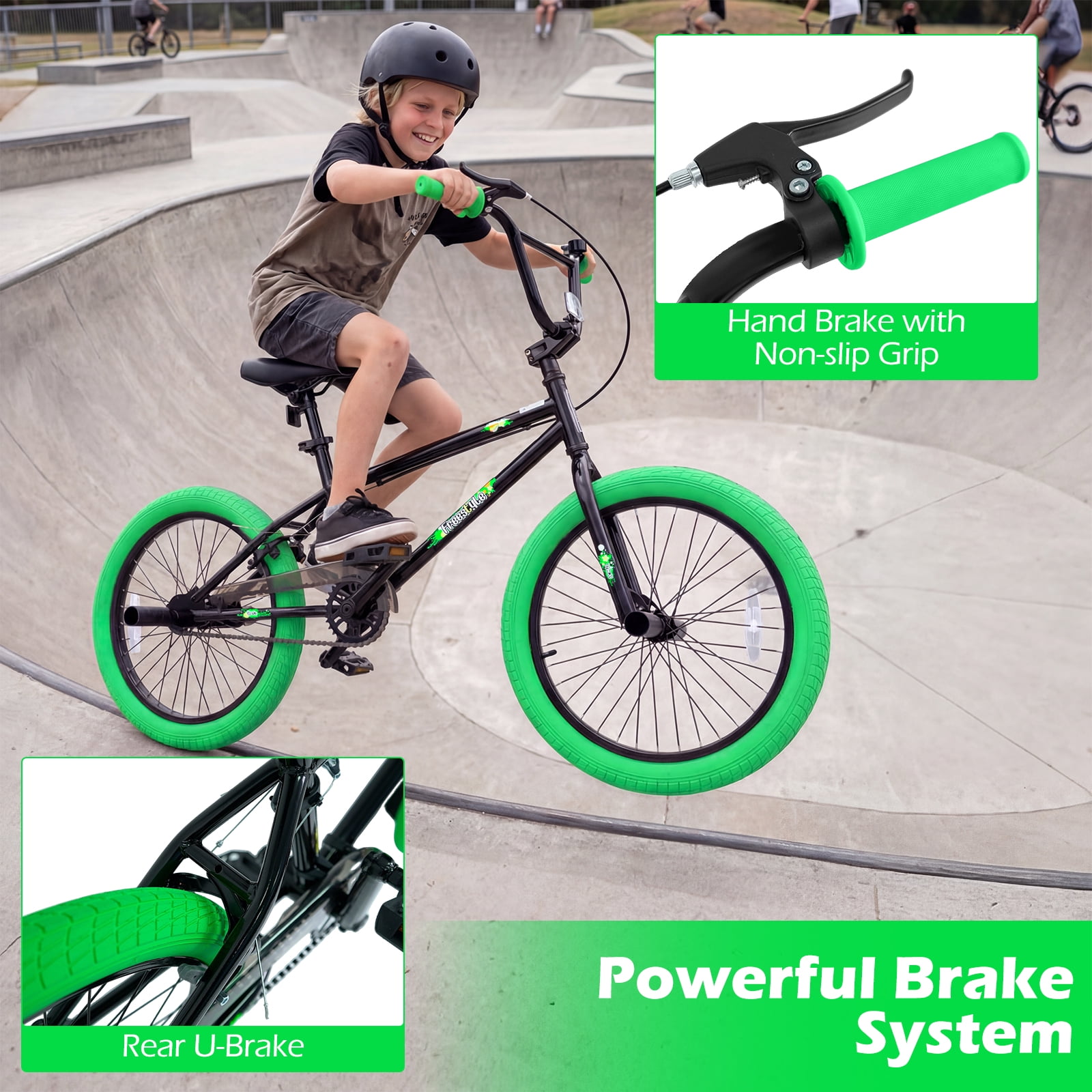 MULTIGOT Freestyle BMX Bike, 20" Trick Bicycle w/ 270° Steering, Adjustable Seat Green