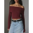 thumbnail image 3 of Faithtur Women's Spring Autumn Knit Tops Solid Color Long Sleeve Off Shoulder Slim Knitwear, 3 of 6