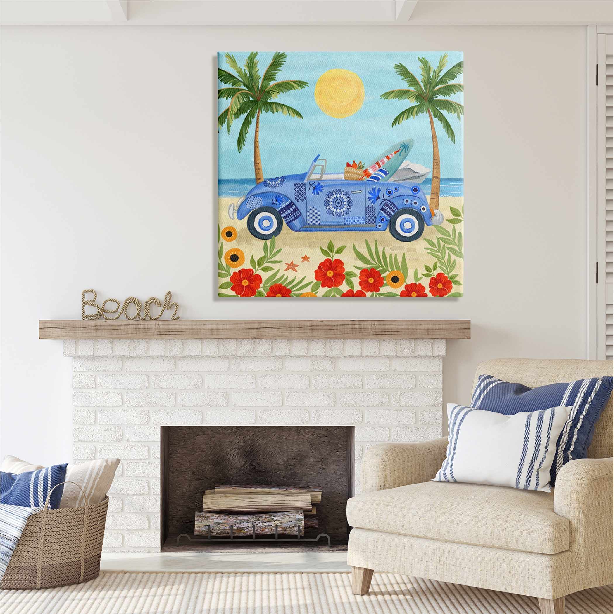 Stupell Industries Floral Car on Beach Transportation Painting Gallery Wrapped Canvas Print Wall Art, 36 x 36