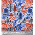 thumbnail image 1 of Soimoi Blue Moss Georgette Fabric Tree & Fox Folk Art Printed Fabric 1 Yard 44 Inch Wide, 1 of 5