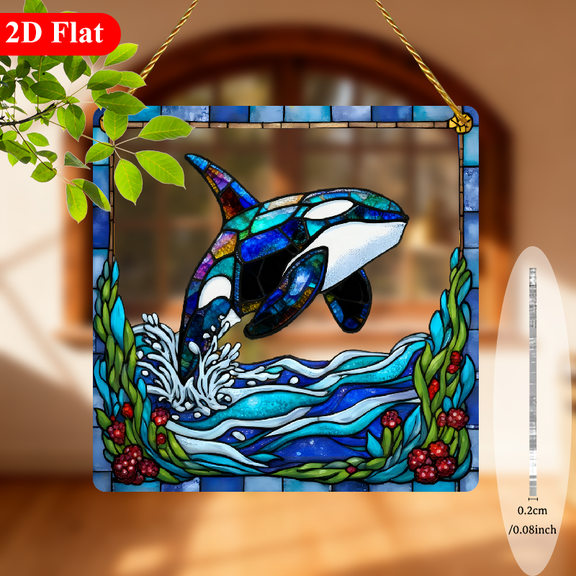 2D Flat, 1pc Killer Whale (Orca) Suncatcher Window Hanging Plaque - 8-Inch Square Whale-Themed Decor with Orca Mom Calf, Birthday Gift for Room, Christmas or Year-Home Decoration