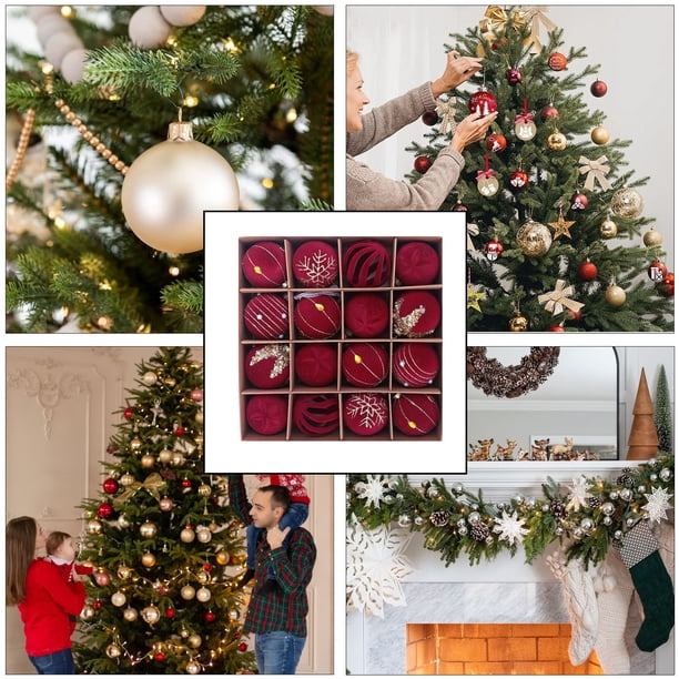 Juego de 24 Bolas Navideñas | Adornos Navideños de Plástico Beige, Rojo, Caqui y Verde | Adornos Irrompibles para Árbol de Navidad de 6 Cm | Orificios Ajustables para Colgar | Decoración para Pared,