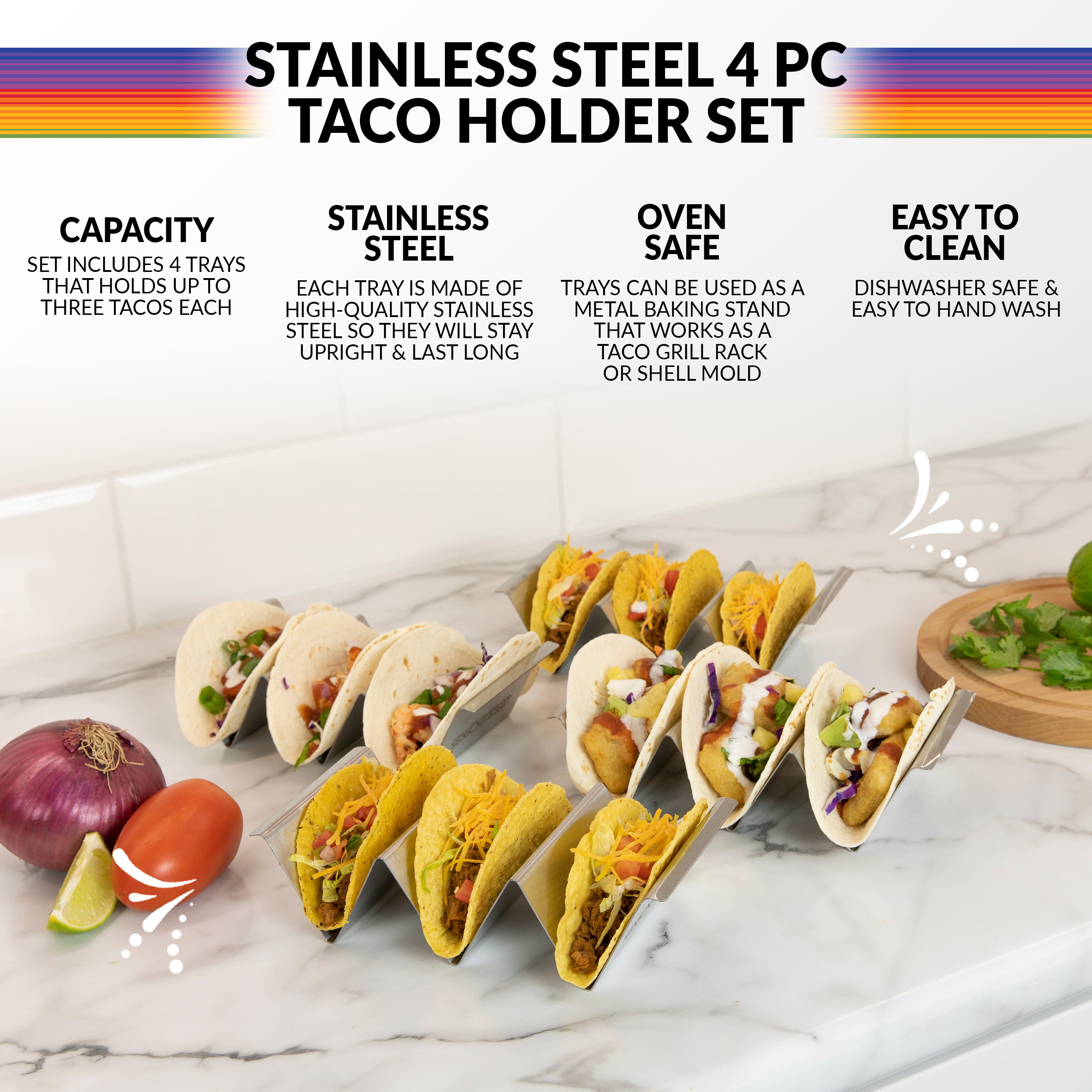 Racks Hold Soft & Hard Shell Tacos 4 Pack Premium Taco Holder Stands,Stainless Steel Taco Rack Holds Up To 12 Tacos,Oven Safe for Baking,Dishwasher and Grill Safe,Stackable Trays 