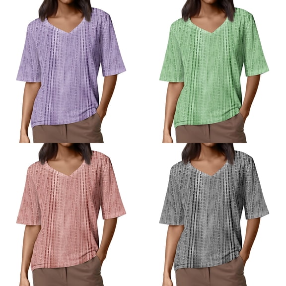 CIENVNSTG Tops For Women V Neck Short Sleeve Casual Fit Hollow Out Knit Oversized T Shirts Basic Summer Petite Office Tunic Top Ladies Blouse Blue L