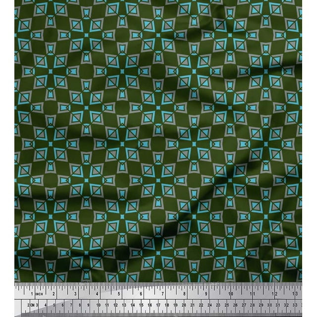 Soimoi Green Cotton Poplin Fabric Square & Triangle Geometric Printed Fabric 1 Yard 56 Inch Wide