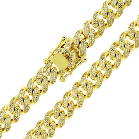 .925 Sterling Silver 11.5mm CZ Iced Out Miami Cuban Curb Link Bling Chain Necklace Yellow Gold Plated