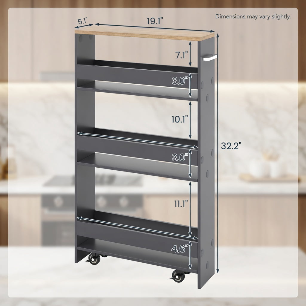 Demi Bonn Rolling Cart, Kitchen Island Cart, Rolling Kitchen Slim Storage Cart Mobile Shelving Organizer with Handle, for Kitchen, Dining Room, Gray