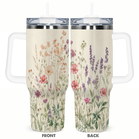 Wildflower Meadow Floral 40oz Car Tumbler Insulated Travel Cup with Handle and Straw Stainless Steel Vacuum Coffee Cup Vintage Botanical Gift for Her