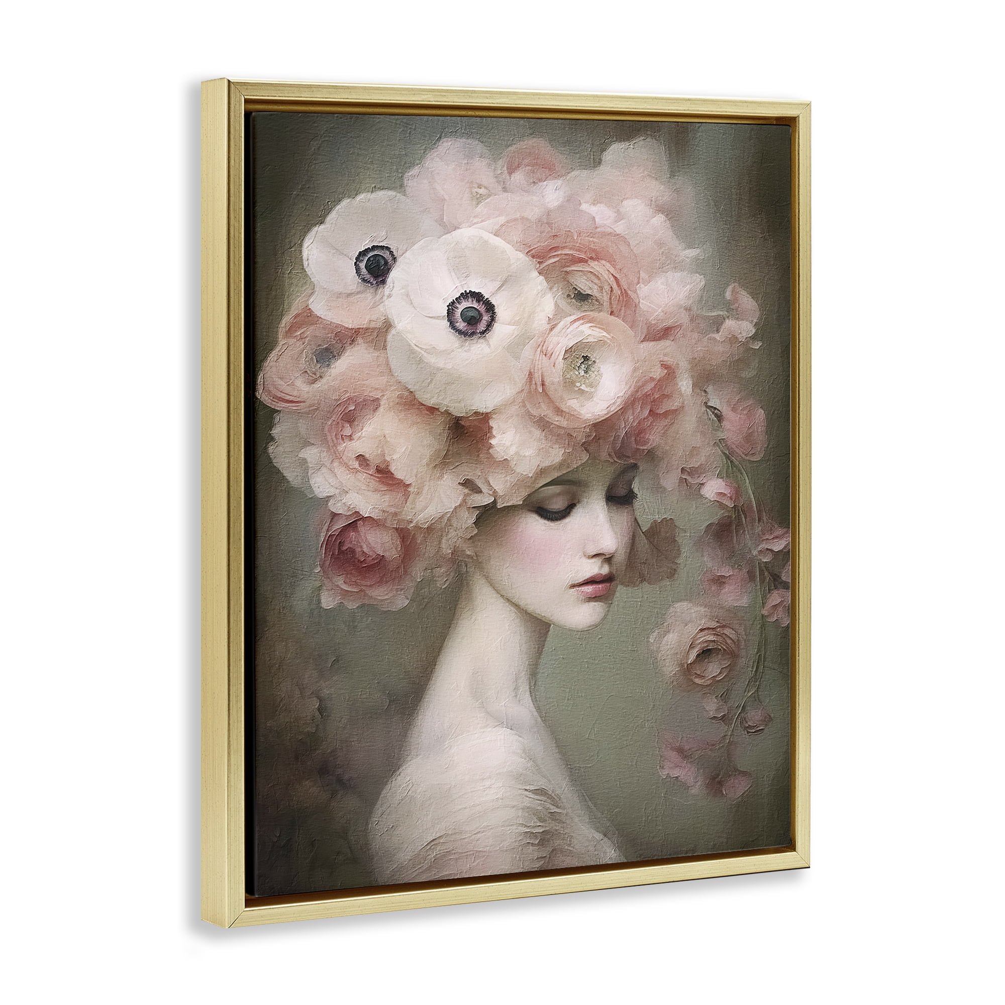 Stupell Industries Woman & Blush Florals Novelty Painting Gold Floater Framed Art Print Wall Art, 17 x 21