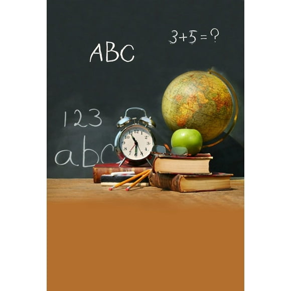 YUSDECOR 5x7ft Photography Background School theme Classroom Tools Students Pencil Alarm Clock Tellurion Books Green Apple Chalkletter Blackboard Scene Photo Video Studio Props Backdrop