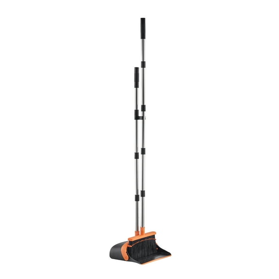 KFFKFF Broom and Dustpan Set, Durable Combo with Self-Cleaning Teeth, Upright Standing Dustpan with Long Metal Handle, Suitable for Home, Office, Restaurant, Dorm, Black and Orange