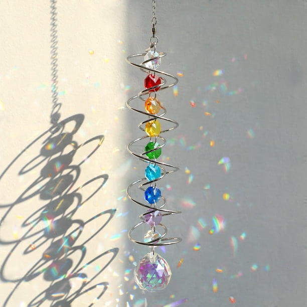 Atrapasueños giratorios de viento con cola en espiral, atrapasueños de cristal con siete cuentas de chakras, colgante de ventana para interior y hogar