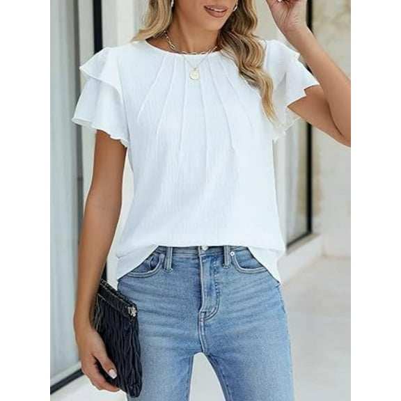 MORTTIC Women's Summer Ruffle Sleeve Blouse Casual Crew Neck Work Tops for Office or Daily Wear, S