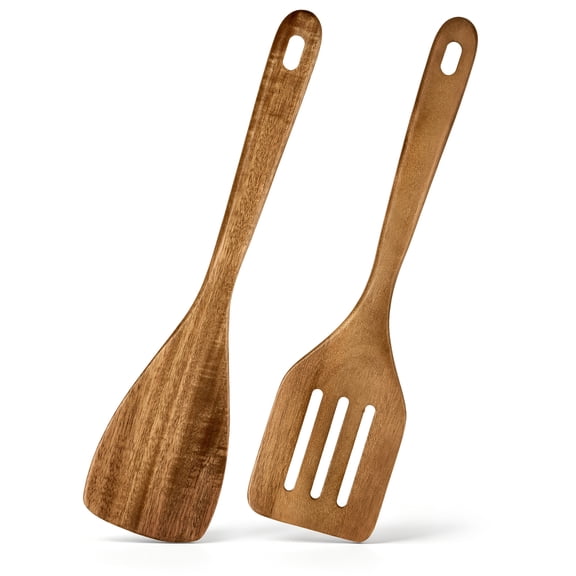 Vesteel 2-Piece Wooden Spatula Set, 12.2 inch Acacia Wood Solid & Slotted Turners for Cooking Frying, Heat Resistant Kitchen Cooking Utensils Safe for Non-Stick Cookware, Easy to Clean