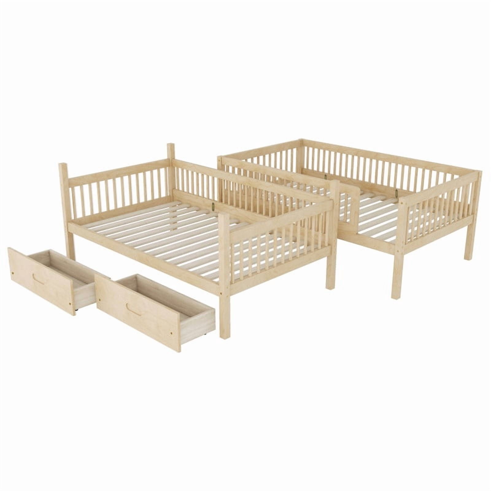 Twin-Over-Twin Wood Bunk Bed Convertible into 2 Platform Beds, Kids Storage Bed Frame with 2 Drawers, Ladder & Safety Guardrails