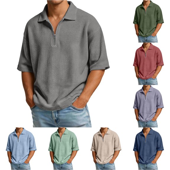JAJAHO Polo Shirts For Men Casual Oversized Waffle Quarter Zip Half Sleeve Drop Shoulder Solid Color Lapel Shirts Summer Comfy Tops
