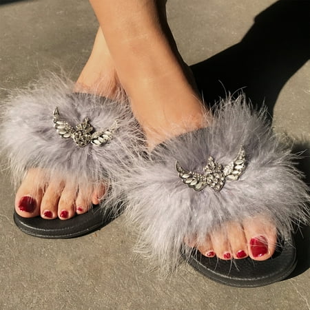 

YOTAMI Sandals for Women 2022 Fashion Women Casual Furry Bright Diamond Flat Sandals Shoes Flip Flop Gray