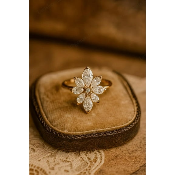 Pear Moissanite Engagement Ring, 14K Flower Gold Plated Ring, Bezel Set Promise Ring For Woman, Anniversary Ring, Chunky Handmade Jewellery Gifts