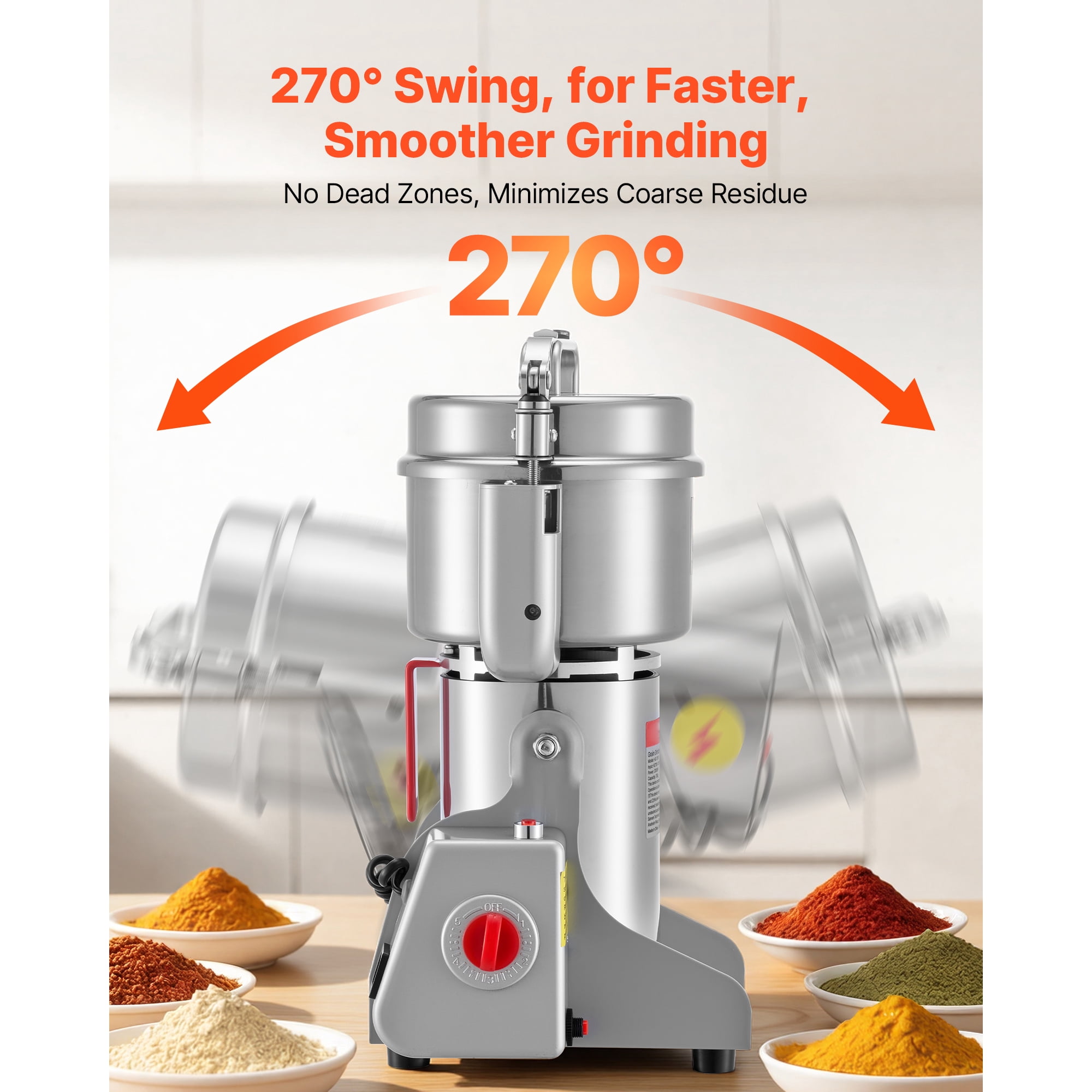 KFFKFF 750g Electric Grain Mill Grinder, 2000W 28000RPM High-Speed Machine for Grinding Dry Grains, Coffee Beans, Spices, and Nuts, Stainless Steel Pulverizer with 270° Swing Design