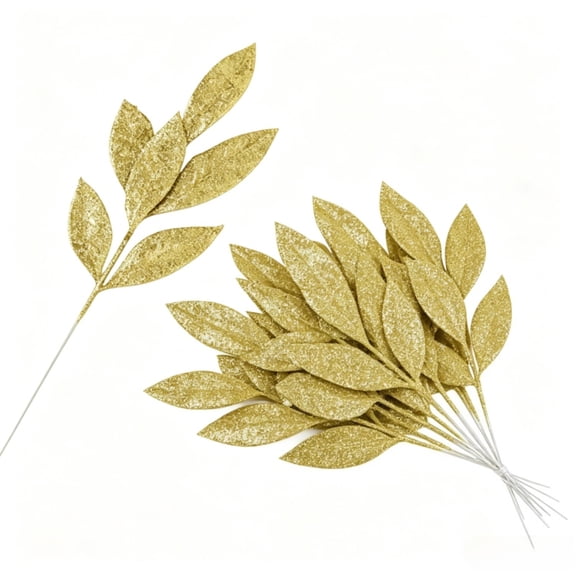 Christmas Glittered Gold Leaves Artificial Fake Floral for Weddings, Wreath Decoration 12 Pcs