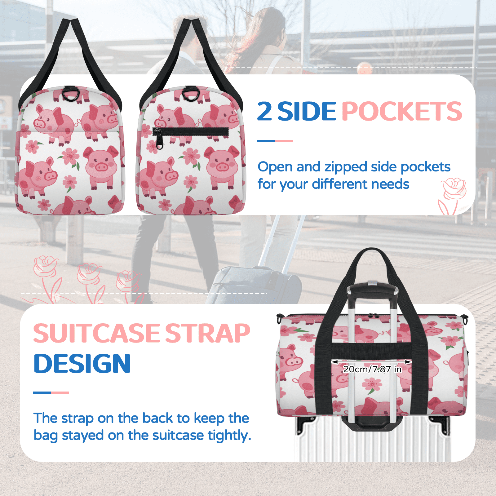 Herdesigns Pig Gym Bag for Women, Duffle Bag for Travel Sport, Pink Lightweight Waterproof Carry on Weekender Dance Yoga Workout Bags