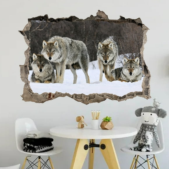 Adhesivos de pared 3D Wolf Family, estilo nórdico, PVC, 42 x 60 cm