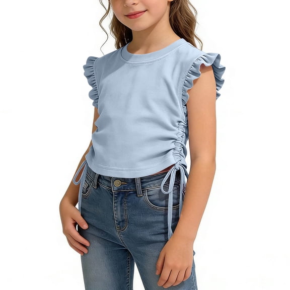 BLTIBY Girls Crop Tops Ruffle Sleeve T-Shirts Summer Solid Color Crew Neck Ruched Tie Up Basic Tees for Kids 2-10 Years