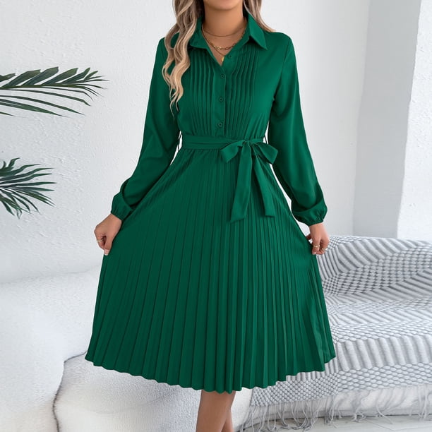 TaTaai Women‘s Casual Collared Dress, Long Sleeve Shirt Dress Maxi Length, Solid Color Button Down Tunic Dress, Fall Winter Office Wear Gift