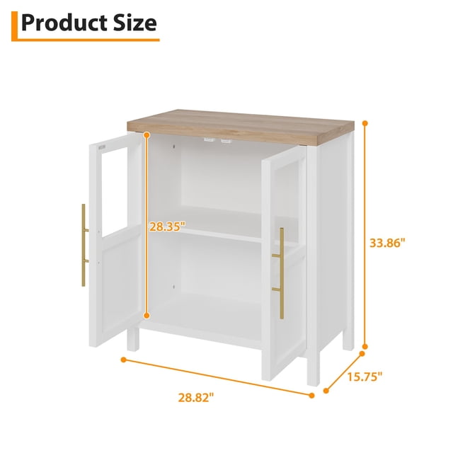 GloryStar Sideboard With 2 Glass Doors, 29" Large Buffet Cabinet With Solid Wood Countertop, Coffee Bar Cabinet With 2 Drawers, Modern Farmhouse Storage Table for Kitchen Dining Room, Living Room