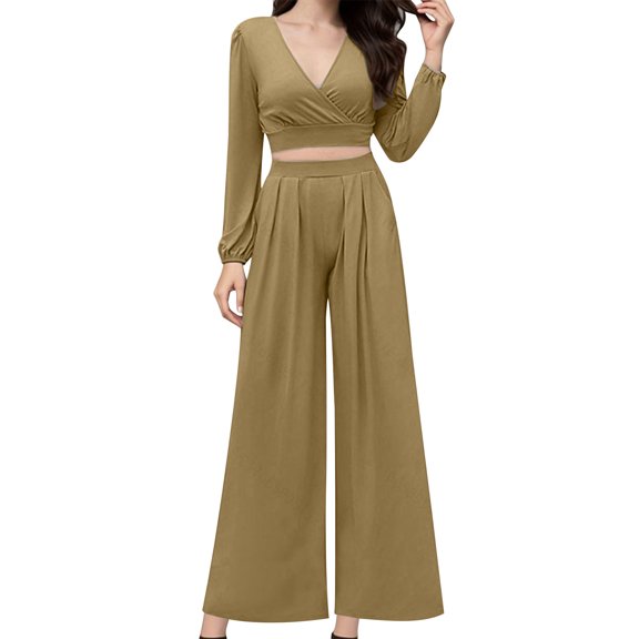 UAMVSH Women 2 Piece Outfits Long Sleeve Lounge Set Dressy Casual V Neck Crop Tops Wide Leg Pants Matching Set for Work Office