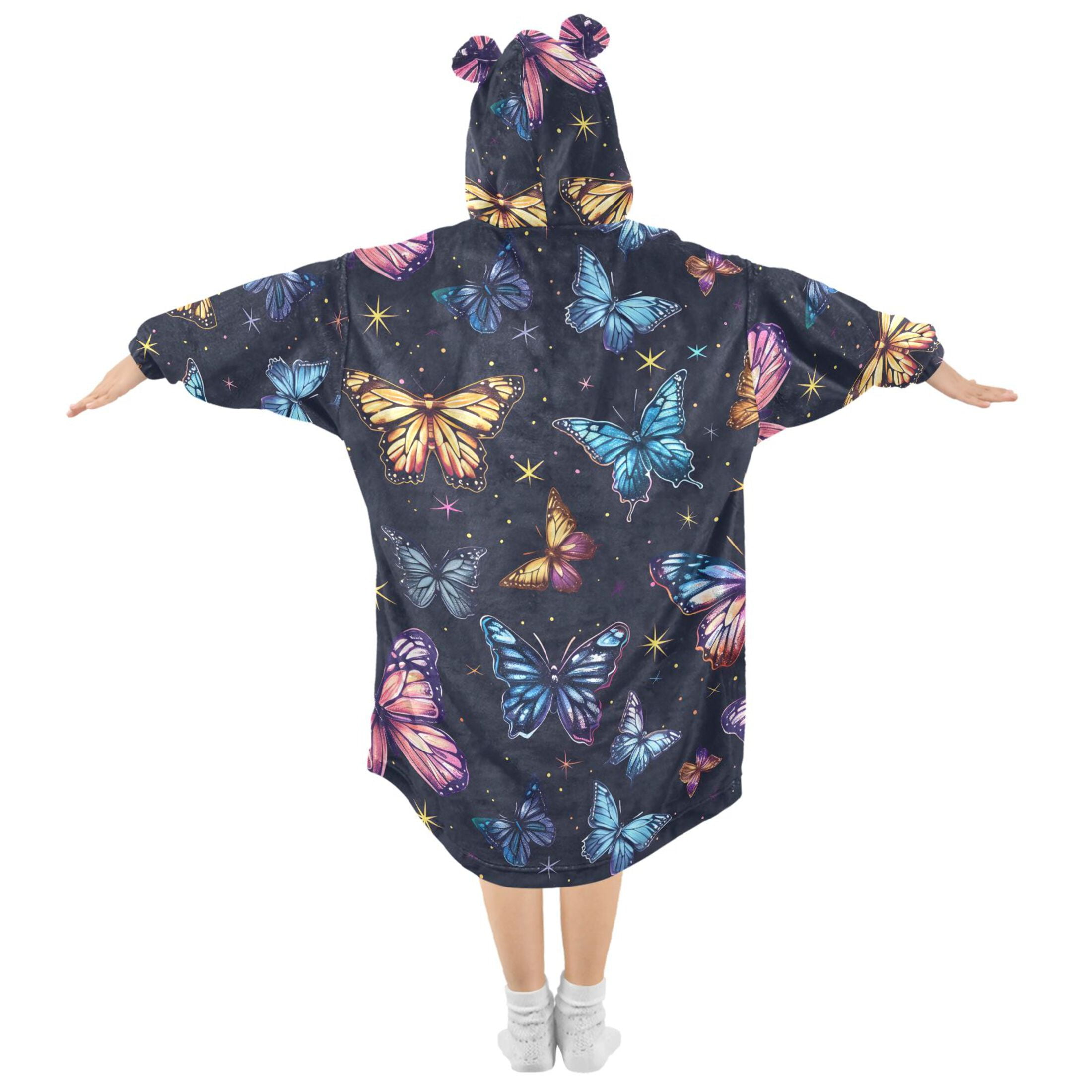 Dailycode Wearable Blanket Hoodie Oversized Sherpa Flannel Blankets with Pocket for 3-14 Year Old Beautiful Butterflies and Star